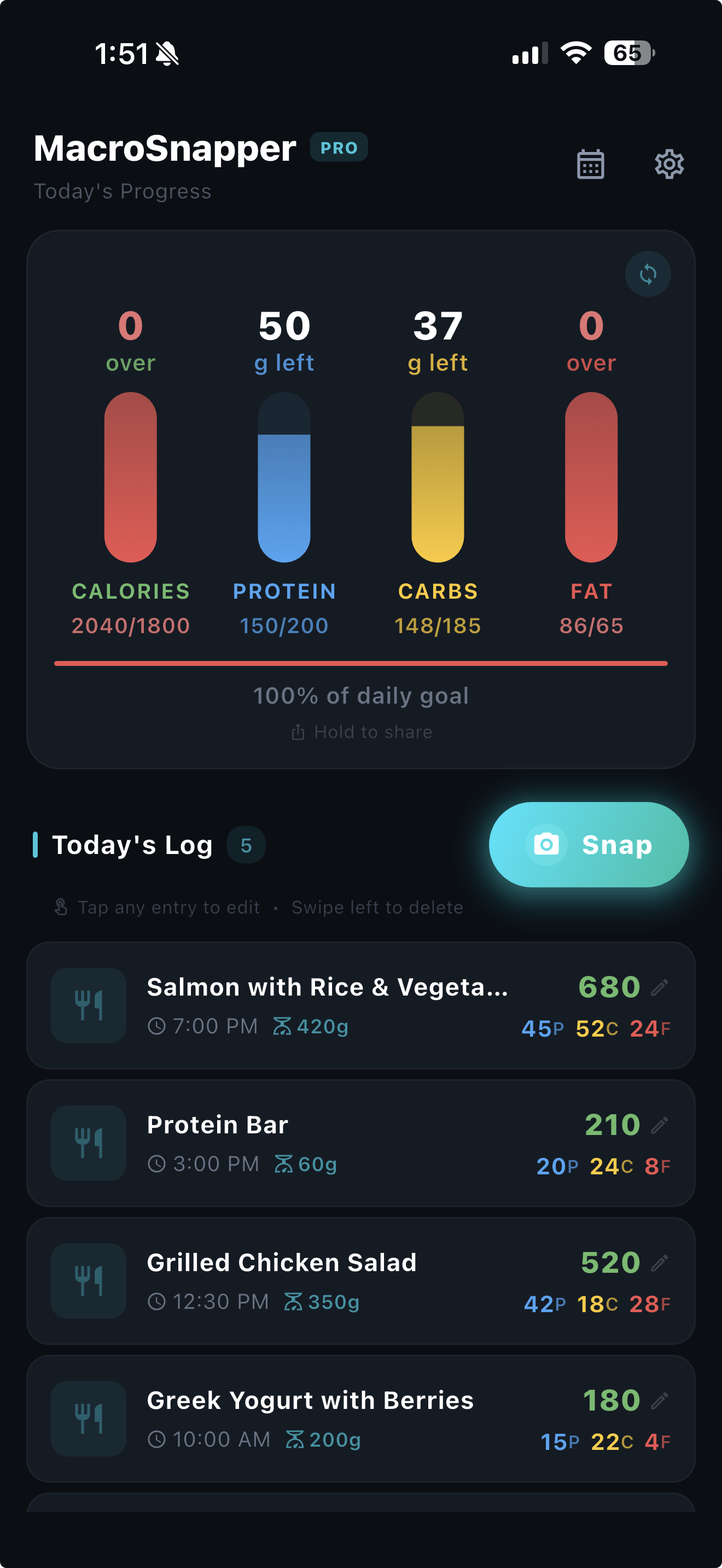MacroSnapper app showing instant macro tracking from a photo